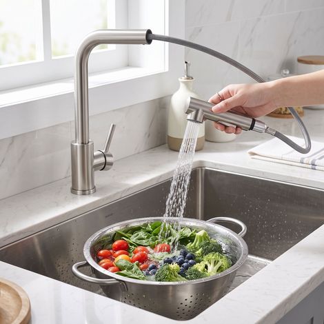 Comanlai - Mitigeur de Lavabo de Salle de Bain Chromé avec Douchette Extractible - Robinet de Vasque Goulot en L en Acier Inoxydable, Rotatif à 360°, Eau Chaude et Froide (1/5)
