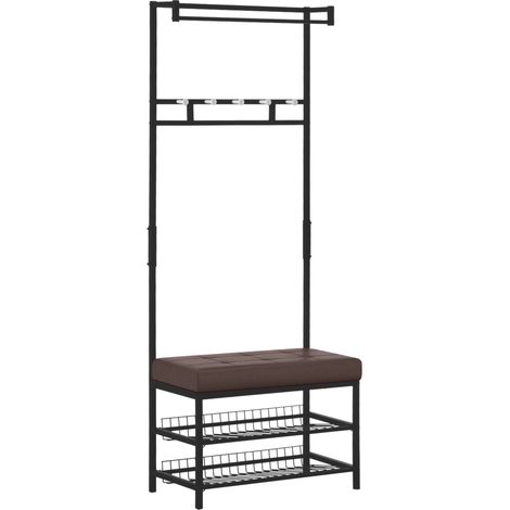 Garderobero con banco de metal negro 5 ganchos 2 baldas para zapatos 72,5x35x180 cm (1/5)