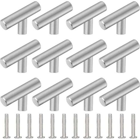 Paquete de 12 tiradores para armarios de cocina, XU, 50 mm, de acero inoxidable en forma de T, para cajones, armarios, puertas, muebles, baños, dormitorios y vestidores --Crezuo