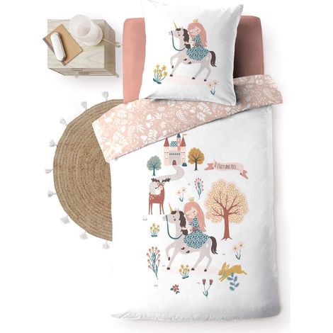 Parure de lit enfant réversible en coton motif princesse et licorne Rose 140x200 cm (1/5)