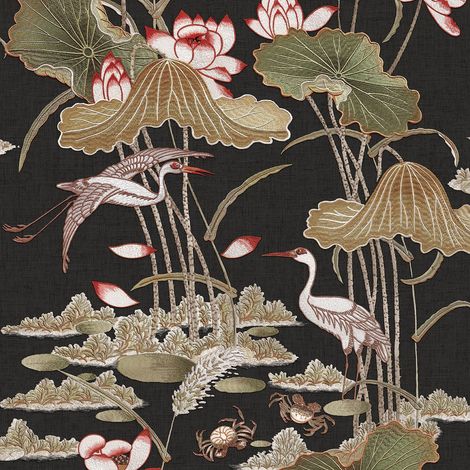Design ID Black Lotus Pond Wallpaper Crane Lily Pads Textured Paste The Wall (1/4)