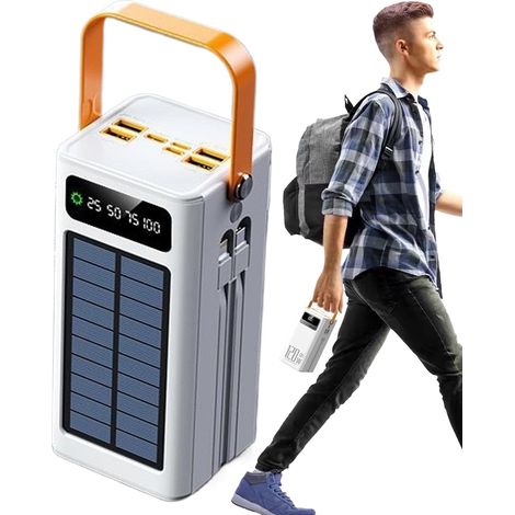 Solar-Akku-Bank, 120W externer Akku, 50000mAh eingebaute Kabel Überlebensausrüstung mit Licht 4 Ausgänge und 3 Eingänge, für alle mobilen Geräte Roadtrip Wandern Rucksackreisen (Weiß) (1/5)