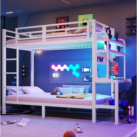 Letto a castello 90 x 200 cm con scrivania, mensole, LED, USB, bianco DESVIAE (1/5)