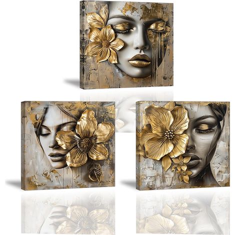 Tableau Sur Toile Doré, Belle Femme Image Sur Toile, Art Mural Fleur, Romantique Imprimée Pour Chambre à Coucher Couloir Café, Ensemble De 3 30X30 CM/90X30 CM (1/5)