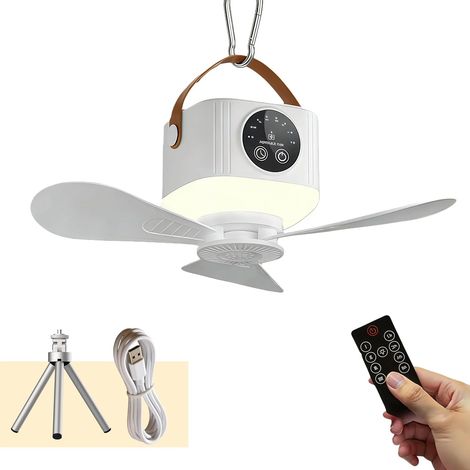 Ventilateur de tente suspendu rechargeable par USB, avec télécommande et trépied inclus, trois vitesses de vent réglables. (1/4)