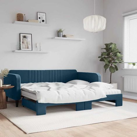 Tagesbett Ausziehbar mit Matratzen Blau 100x200 cm Samt