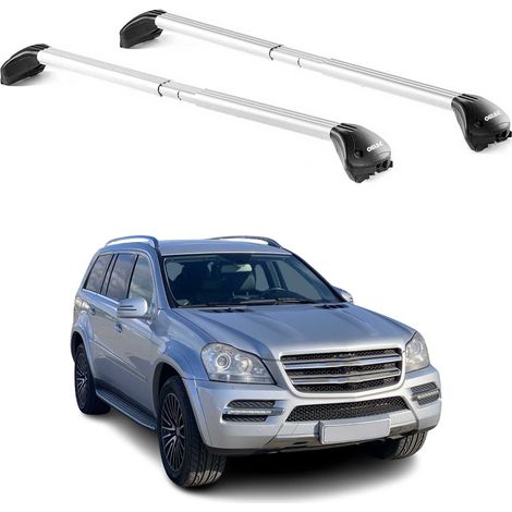 OMAC Barres de toit transversales certifiées TÜV pour Mercedes Classe GL X164 2006-2012 – Verrouillables (4 antivols) – Charge max 100 kg – Sangle inox + protection caoutchouc Argent (1/4)