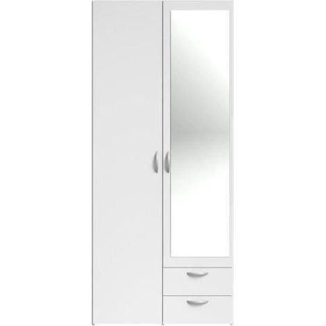 Armoire VARIA – Décor blanc – 2 portes battantes – 1 miroir – 2 tiroirs – L 81 x H 185 x P 51 cm – Panneaux de particules décor blanc – Parisot (1/5)