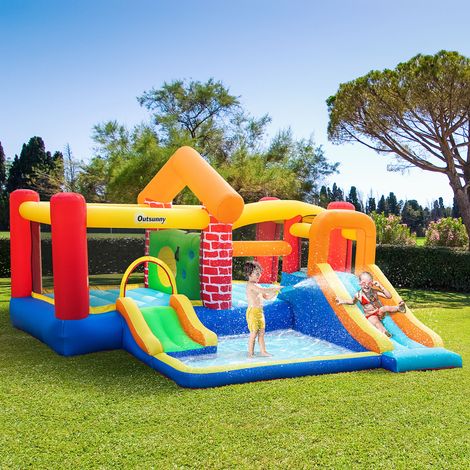 Château gonflable avec 2 toboggans, 2 trampolines et piscine pour enfants de 3 ans et plus. Comprend un gonfleur et un sac de transport pour une utilisation intérieure et extérieure. Dimensions : 380  (1/5)