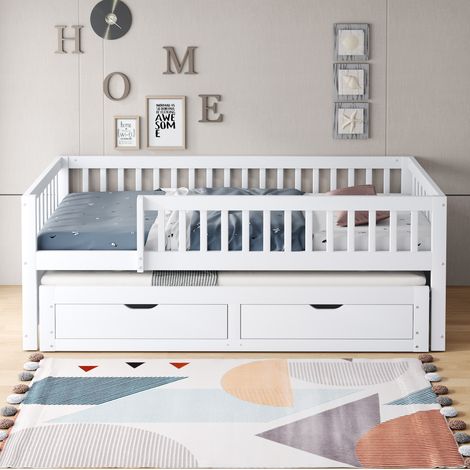 Divano letto 90x200 cm bianco in legno con letto estraibile, cassetti e sponde (1/5)