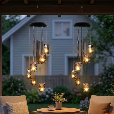 LED Hängelampe Solarwindspiel Außenleuchte Solar Eule Unifarben Metall H 62 cm, 2er Set