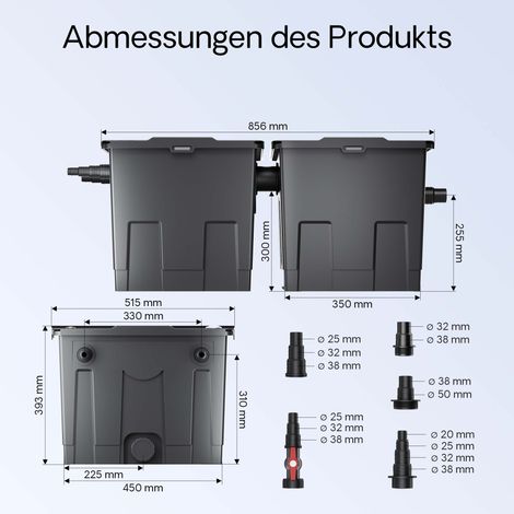 SunSun CBF-350B Filtre Biologique de Bassin ou d’étang 2 chambres - 830 x 515 x 395 mm - capacité max 60000 l / débit 8000 l/h - raccords Ø 20 mm, Ø 40 mm - Filtration eau à grand débit