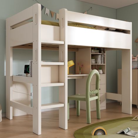 Cama alta 90x200 cm multifuncional con escritorio en L y cajones madera blanco (Sin colchón) (1/5)
