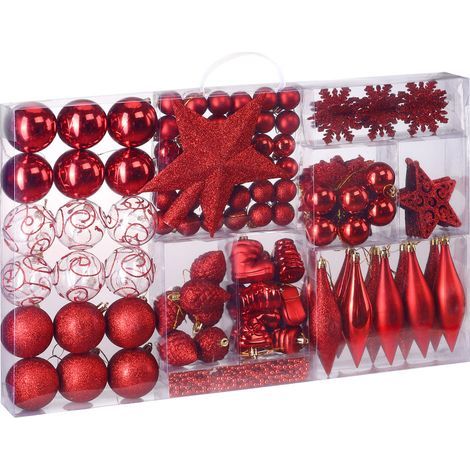 Deuba – Lot de 102 boules de Noël en plastique polystyrène – Décorations intérieures et extérieures – Différentes tailles et formes – Couleur rouge (1/5)