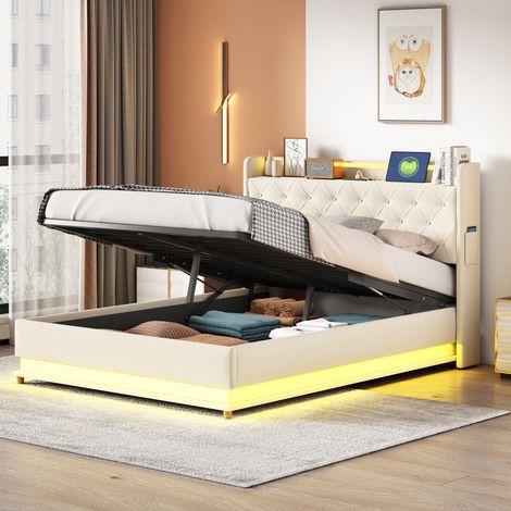 letto contenitore 140x200 LED USB lino beige moderno HAVRYA (1/5)