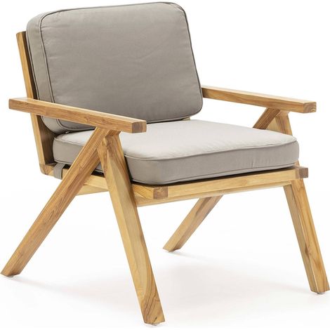 Fauteuil en teck naturel et tissu gris charme artisanal - bois clair naturel et gris doux (1/4)