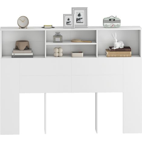 Tête de lit sur pied avec rangements, accessoire de lit 4 compartiments ouverts, 140 x 19 x 103,5 cm, blanc (1/5)