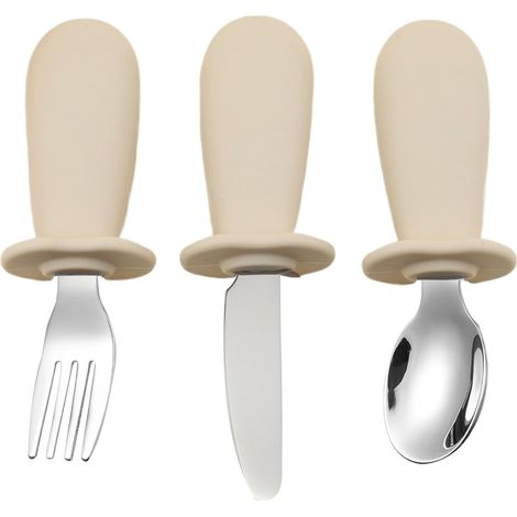 (Beige) Ensemble de trois couteaux pour bébé en silicone, comprenant une cuillère et une fourchette en acier inoxydable (1/5)