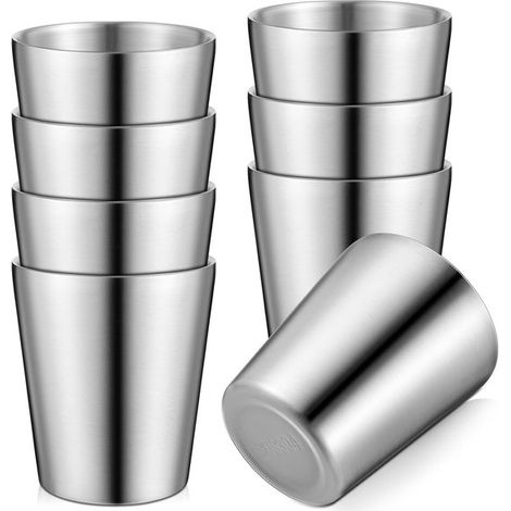 8 pezzi - Tazza termica in acciaio inox - Tazza da caffè - Tazza in metallo - Borraccia sottovuoto a doppia parete - Riutilizzabile - Adatta per barbecue, casa, ufficio, feste e campeggio - Argento -  (1/5)