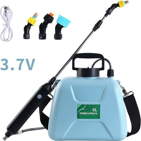Pulvérisateur électrique de jardin avec 3 buses réglables, chargement USB, pulvérisateur phytosanitaire pour jardin, désherbage et lavage de voiture (pulvérisateur bleu 5 L) (1/4)