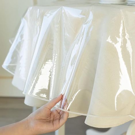 Protecteur de nappe en plastique cristallin ultra résistant, 100% imperméable, nappe ronde en PVC vinyle, nappe anti-taches et facile à essuyer pour tables à manger (ronde de 60 pouces) (1/4)