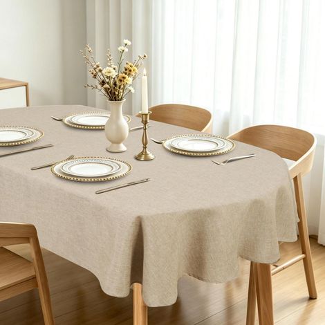 Nappe Ovale 135x180cm Aspect Lin Beige Imperméable Lavable Outdoor
