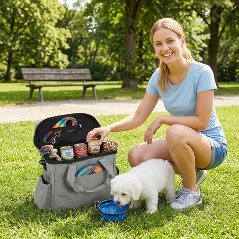 Sac de transport pour chien avec poches, 2 pochettes à friandises, gamelle pliable, séparateur ajustable, 38 x 17 x 35 cm, gris clair (1/5)