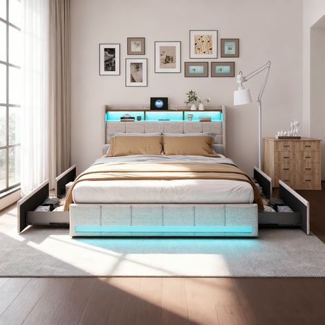 Lit adulte 140x200 cm,lit 140x200 avec tiroirs, dossier moelleux, rangement de chevet et rechargeable USB, LED réglable, lin, bois, Beige (1/5)