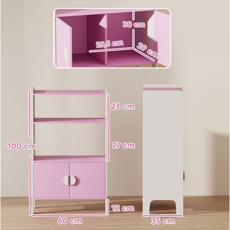 Meuble de rangement enfant 60 x 35 x 100 cm, 2 étagères, 2 placards, rose et blanc DESVIAE (1/5)