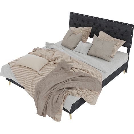 Lit moderne moelleux 140×200cm gris,tête douce,cadre bas,mobilier multifonctionnel,sans tige gaz ni matelas (1/5)