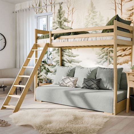 Mezzaninbett 90x200 inklusive Lattenrost und Sofa Orlane Holz und Grau (1/5)