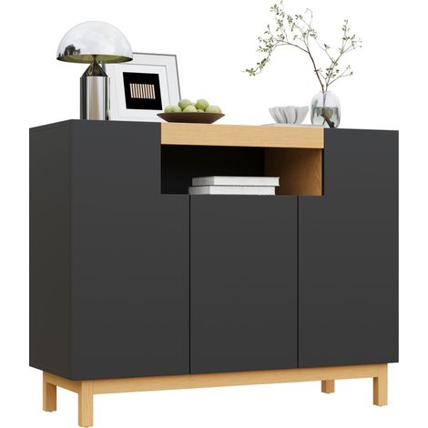 Pour un intérieur ordonné, buffet 3 portes avec niche centrale, design noir et aspect bois (1/5)