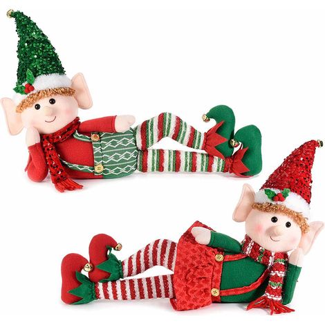 Mamma e Papà elfo sdraiati in stoffa con dettagli paillettes e campanelle su scarponcini, set da 2 pezzi, cm 50x12x34 H (capp.esteso)