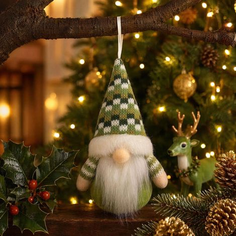 Weihnachtsschmuck, Zwergenfiguren, Rudolph, gesichtslose alte Männer als Ornamente, Weihnachtsbaumschmuck