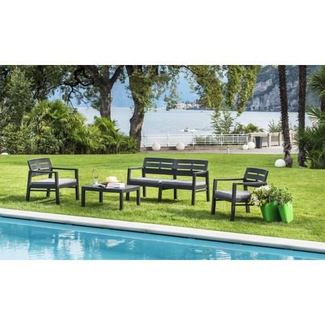 PROGARDEN tresillo java antracita 4 piezas &43 cojines , Tresillo Java con cojines 4 piezasFabricado en plástico de alta calidad 1 sofa. Medida: 132 x 64.5 x 75 cm1 mesa. (1/6)