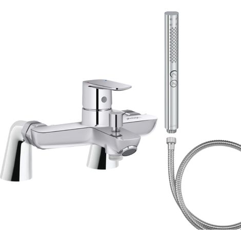 Mitigeur baignoire JACOB DELAFON July+ + pommeau de douche Shift+ rond + flexible de douche métal + colonnettes (1/4)