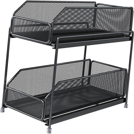 Étagère coulissante à double niveau pour tiroir de cuisine, support de rangement sous évier, étagère coulissante de comptoir, noire. (1/5)
