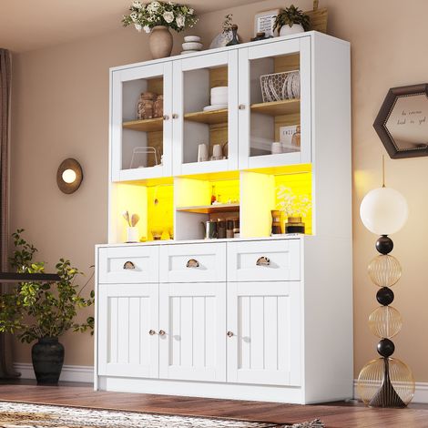 Küchenbuffet Hochschrank mit 6 Türen und 3 Schubladen, verstellbaren Einlegeböden und LED, MDF, 140 x 40 x 175 cm