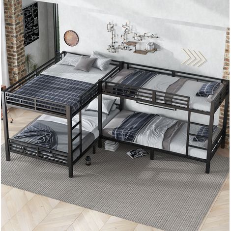 Litera 349x206x170 cm negra de hierro y madera con somieres y escalera de 3 peldaños (1/5)
