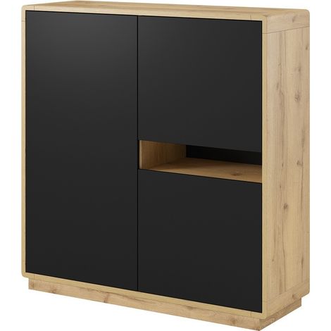 Buffet alto collezione VILLA. Colore rovere e nero. 3 porte e 1 nicchia illuminata.