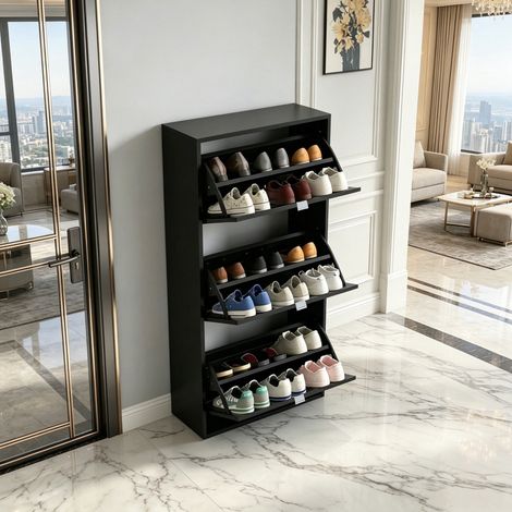 Zapatero de 3 puertas abatibles, MDF melaminado negro, 60 x 26 x 124 cm, OKWISH (1/5)