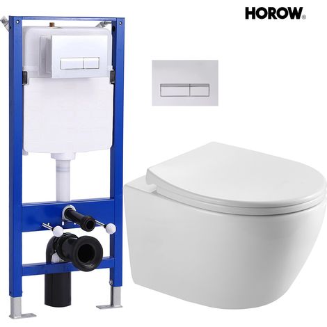Hänge WC Kompakte Toilette aus Keramik mit Toilettendeckel mit Absenkautomatik - Toilettenschüssel mit Einloch-Superspin-Spülung + Pack Vorwandelement + Betätigungsplatte (1/5)