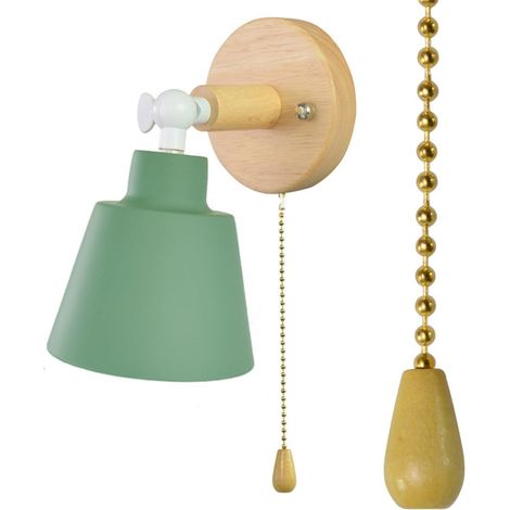 Interieur Applique Murale E27 avec Interrupteur Tirette Lampe Murale Minimaliste Base Bois Abat-Jour Aluminium Éclairage Mural 180° Regulable Industrielle Vintage Luminaire Mural pour Salon (Vert) (1/5)