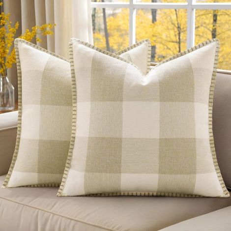 Lot de 2 housses de coussin décoratives à carreaux 45 x 45 cm en lin style ferme avec bordure cousue pour lit canapé canapé beige (1/4)
