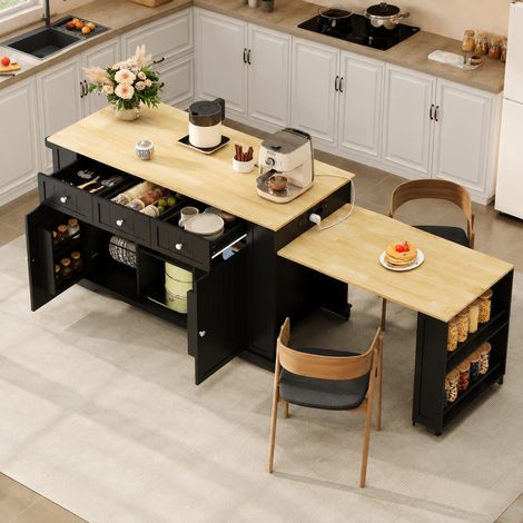 Îlot de cuisine extensible avec table coulissante, rangement et prises USB intégrées (1/5)