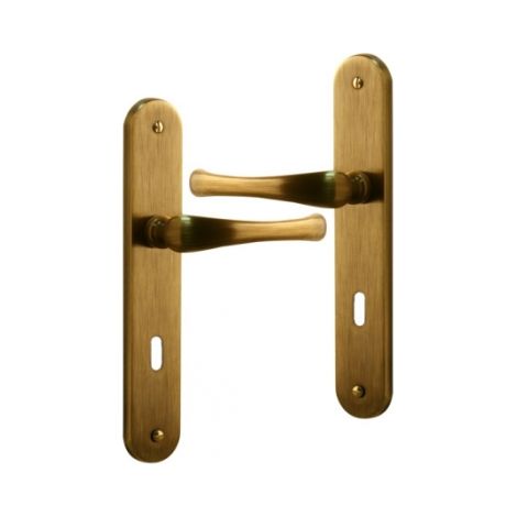 Ouvre&Déco – Lot de 2 poignées de porte à cylindre – Laiton patiné – Entraxe 195 mm – Plaque 40x233 mm – Fonction clé L de confidentialité (1/2)