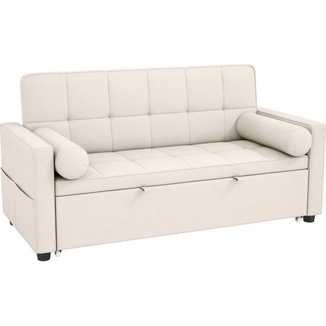 Canapé-lit 2 places 3 en 1 convertible avec tiroir gigogne, dossier ajustable, 2 coussins, 80,5x137,5x84cm beige (1/5)