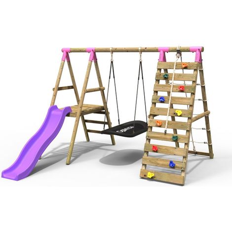 Rebo Wooden Swing Set with Deck and Slide plus Up and Over Climbing Wall - Onyx Pink
