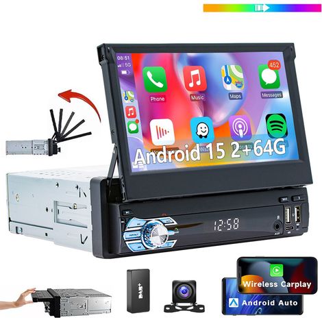 Autoradio 1 DIN 7 pouces rabattable Android 15 Carplay GPS WIFI FM BT - 2+64G DAB+ CAM (1/5)
