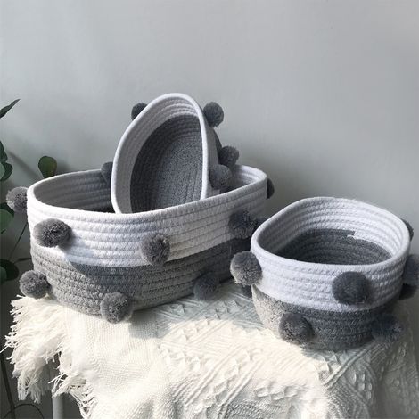 Panier de rangement en corde de coton tricotée avec pompon en fourrure, pour collations, clés et autres petits objets (1/5)